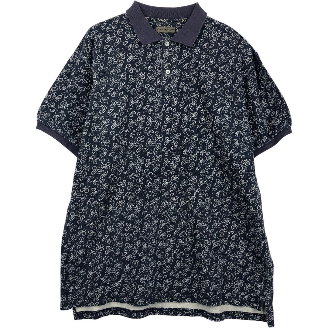 Calvin Klein Sport all-over leaf pattern short-sleeved polo shirt, men's size L (approx.) cotton navy blue type Vintage Second Hand