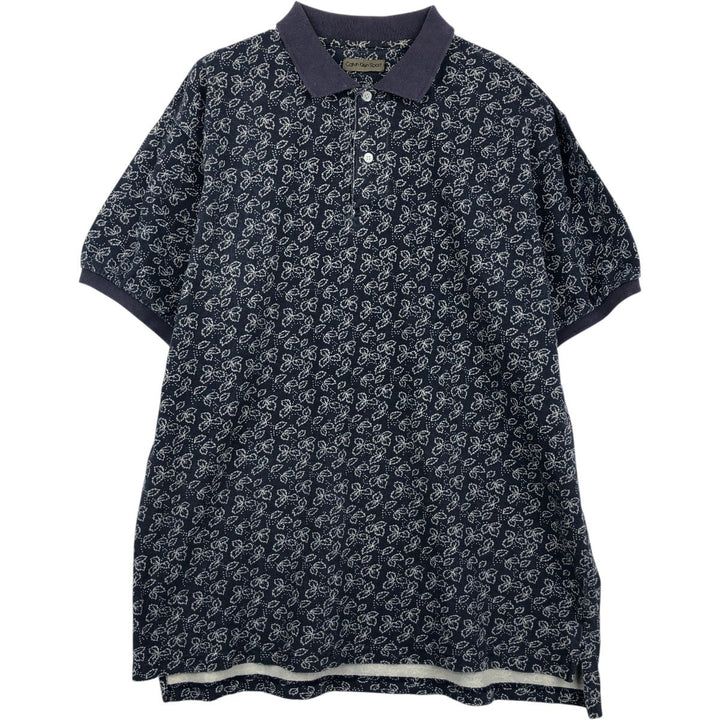 Calvin Klein Sport all-over leaf pattern short-sleeved polo shirt, men's size L (approx.) cotton navy blue type Vintage Second Hand