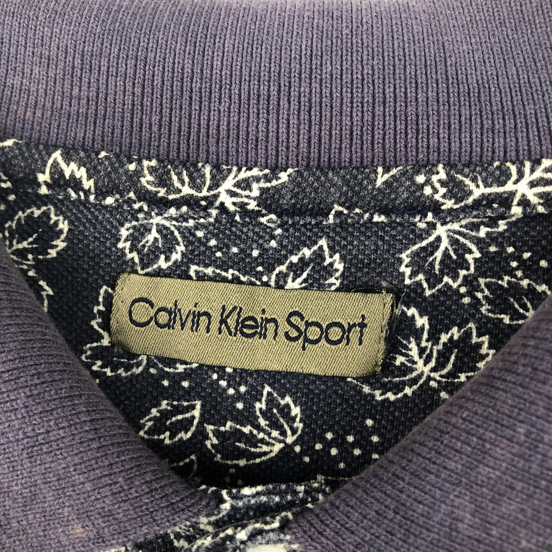 Calvin Klein Sport all-over leaf pattern short-sleeved polo shirt, men's size L (approx.) cotton navy blue type Vintage Second Hand