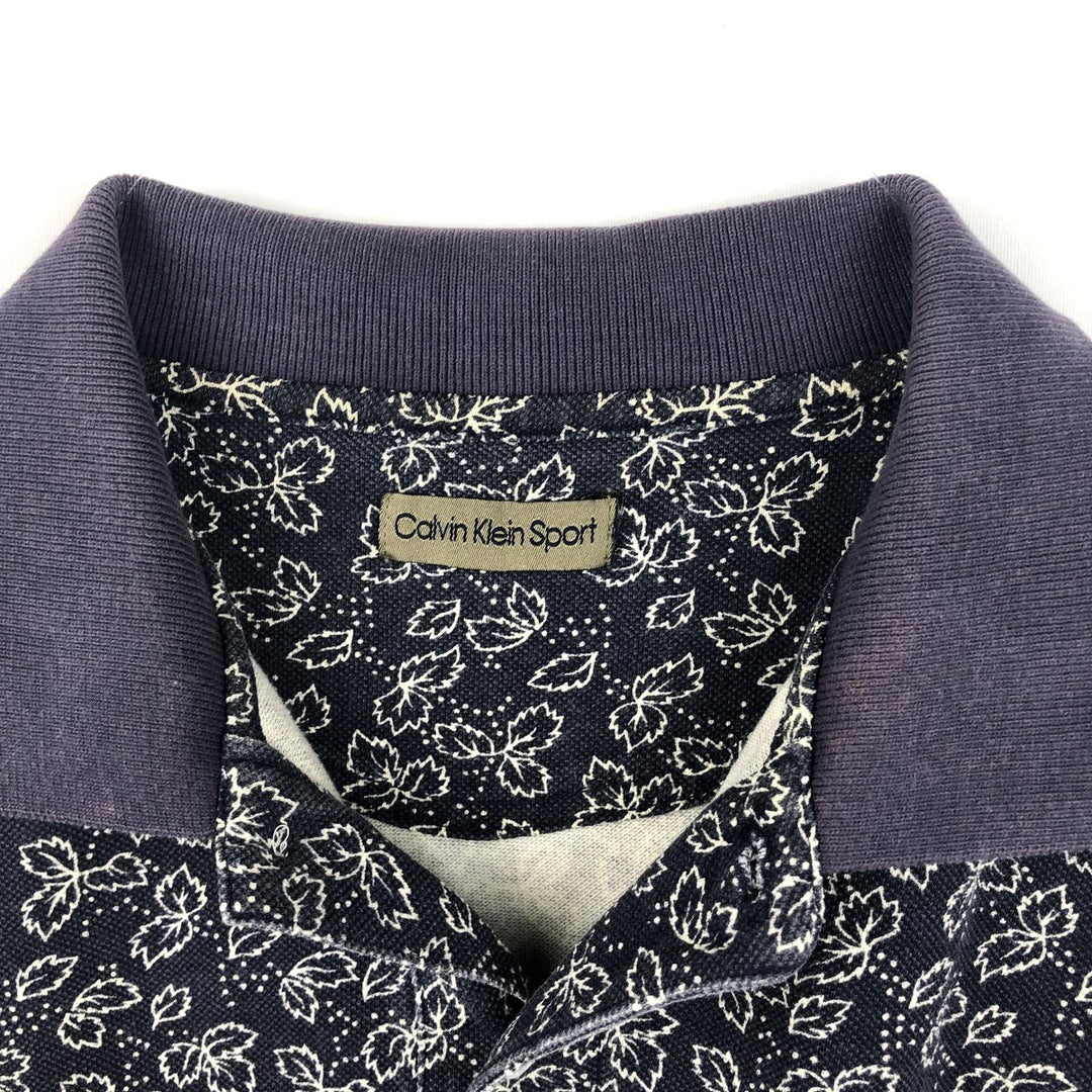 Calvin Klein Sport all-over leaf pattern short-sleeved polo shirt, men's size L (approx.) cotton navy blue type Vintage Second Hand