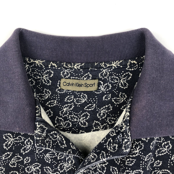 Calvin Klein Sport all-over leaf pattern short-sleeved polo shirt, men's size L (approx.) cotton navy blue type Vintage Second Hand