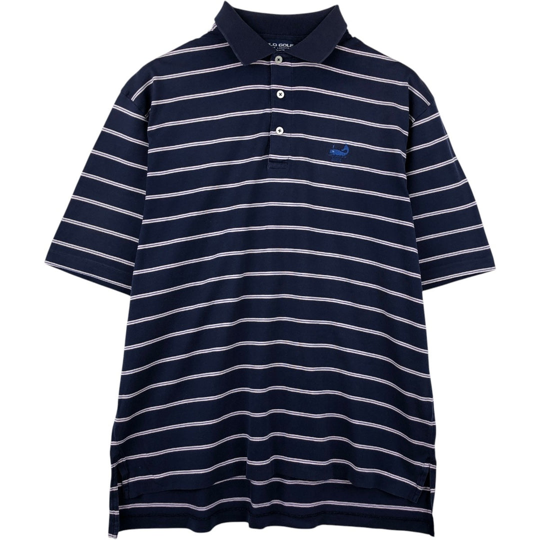 Ralph Lauren POLO GOLF Multi-border short sleeve striped polo shirt, men's size M Pima Cotton navy blue type Vintage Second Hand