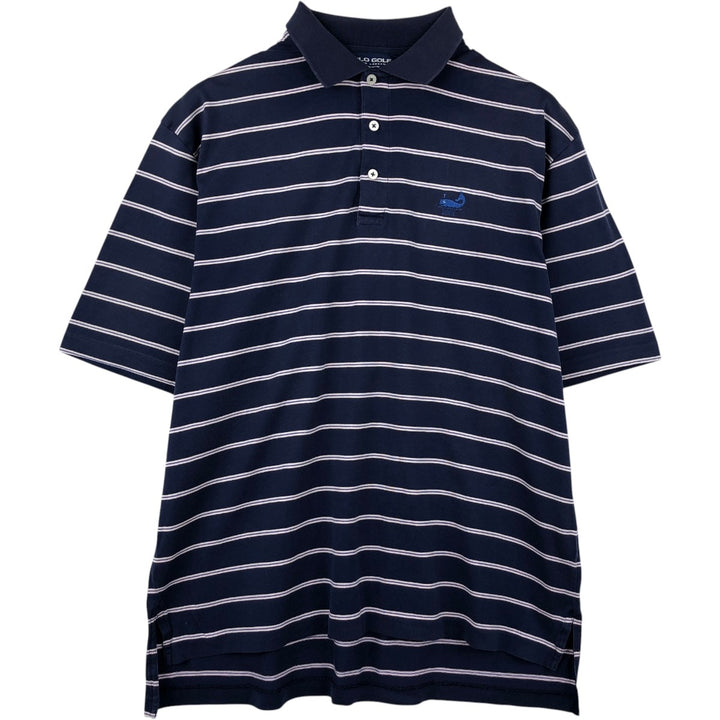 Ralph Lauren POLO GOLF Multi-border short sleeve striped polo shirt, men's size M Pima Cotton navy blue type Vintage Second Hand
