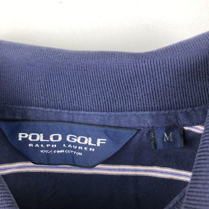 Ralph Lauren POLO GOLF Multi-border short sleeve striped polo shirt, men's size M Pima Cotton navy blue type Vintage Second Hand