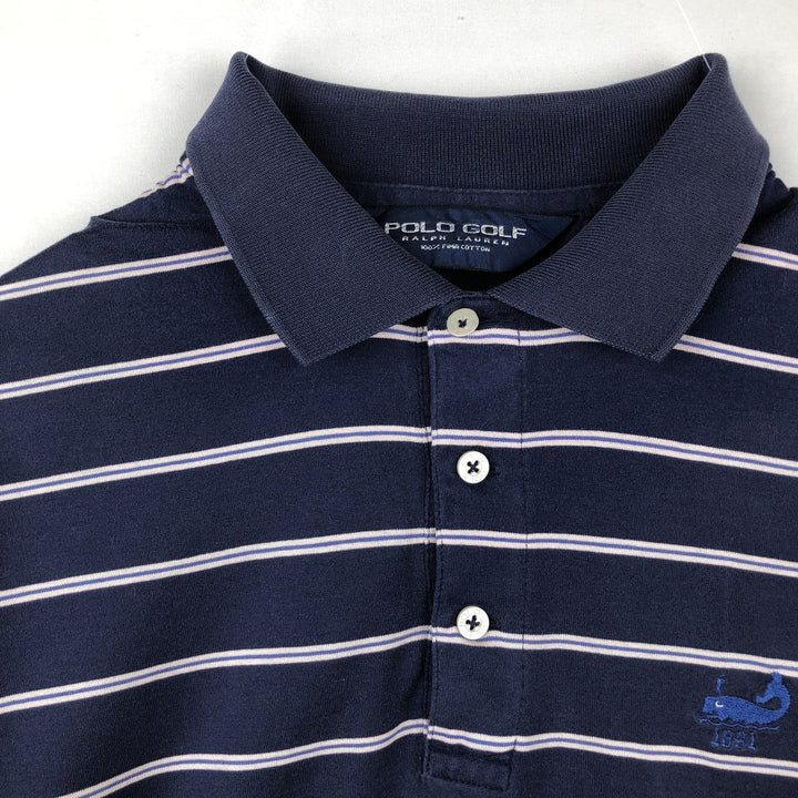 Ralph Lauren POLO GOLF Multi-border short sleeve striped polo shirt, men's size M Pima Cotton navy blue type Vintage Second Hand