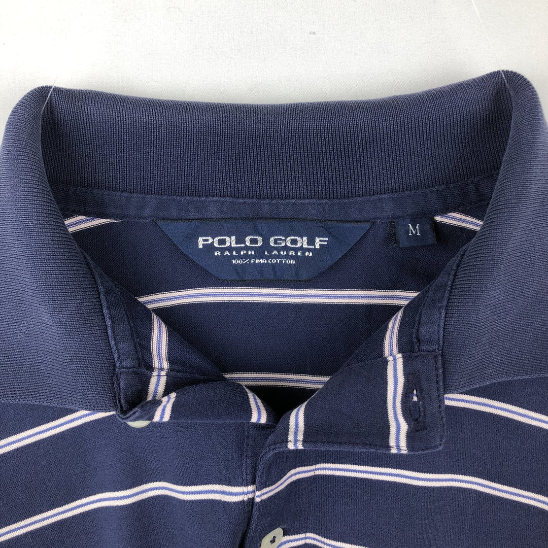 Ralph Lauren POLO GOLF Multi-border short sleeve striped polo shirt, men's size M Pima Cotton navy blue type Vintage Second Hand