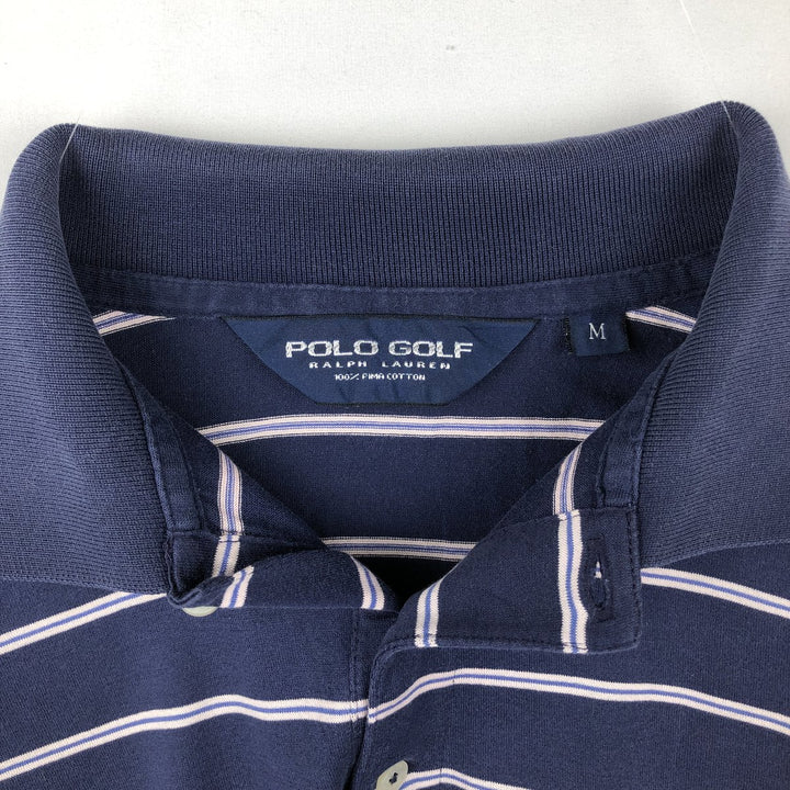 Ralph Lauren POLO GOLF Multi-border short sleeve striped polo shirt, men's size M Pima Cotton navy blue type Vintage Second Hand