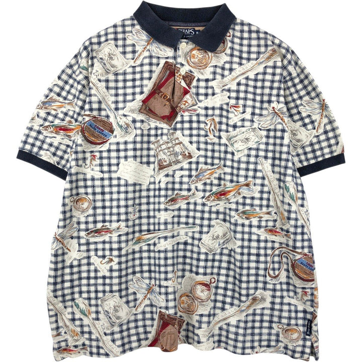 Ralph Lauren CHAPS polo shirt, all-over check pattern, short-sleeved, made in the USA, men's size XL (approx.) cotton black type Vintage Second Hand