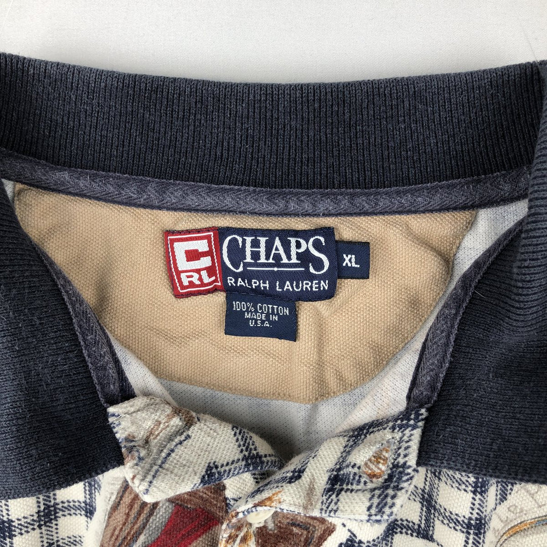 Ralph Lauren CHAPS polo shirt, all-over check pattern, short-sleeved, made in the USA, men's size XL (approx.) cotton black type Vintage Second Hand