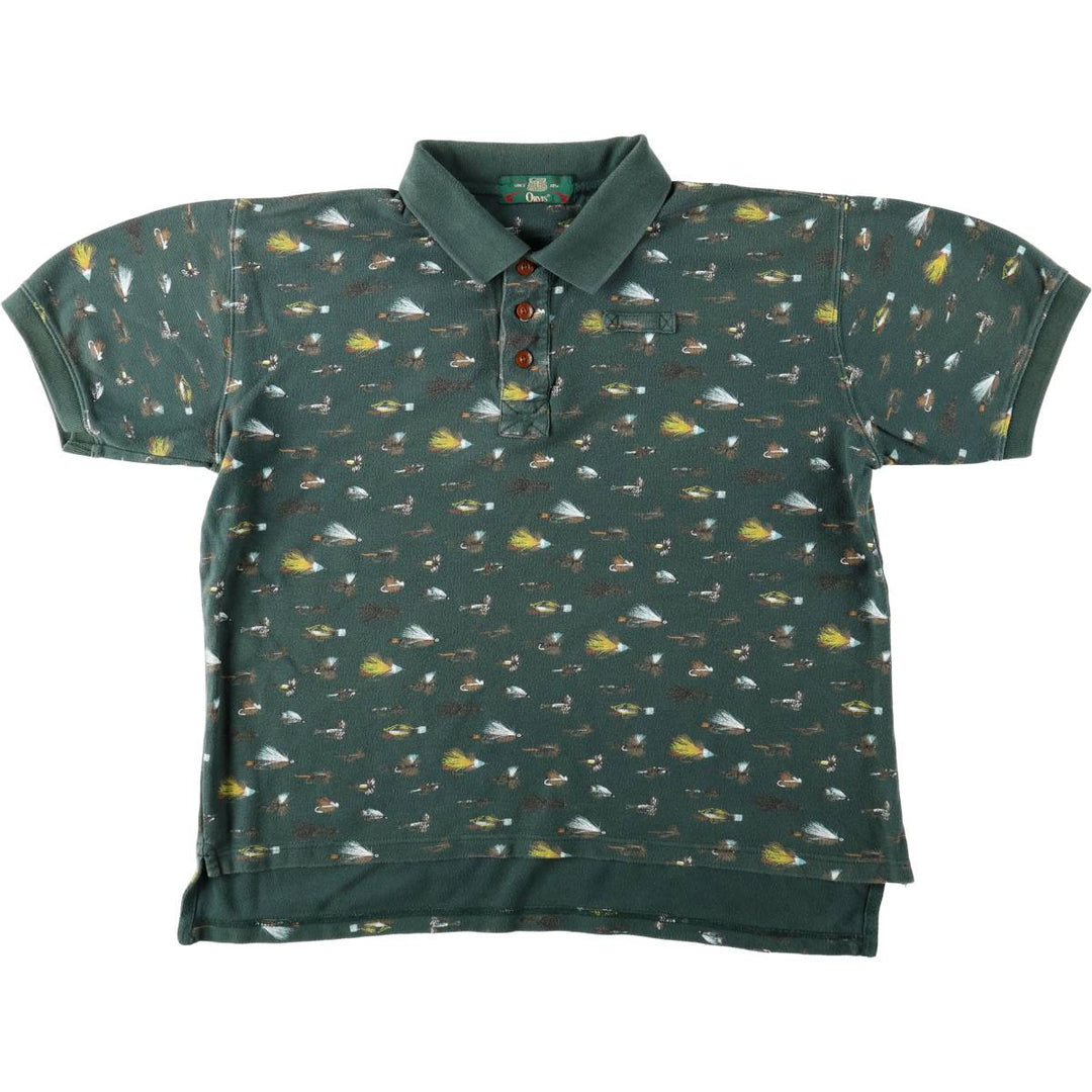 90'S Orvis all-over print short-sleeved polo shirt, men's size L equivalent, vintage. cotton green type Vintage Second Hand