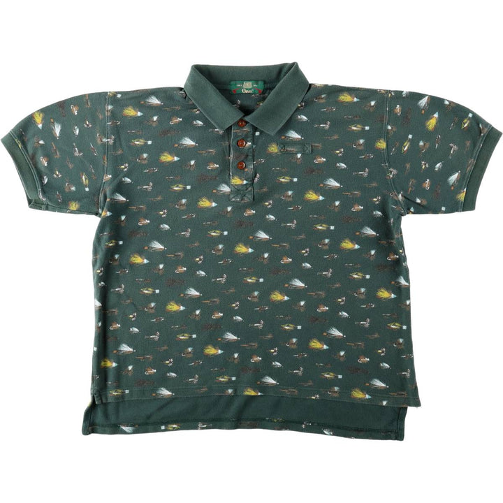 90'S Orvis all-over print short-sleeved polo shirt, men's size L equivalent, vintage. cotton green type Vintage Second Hand