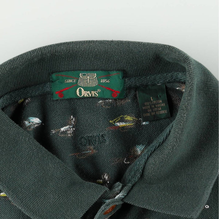 90'S Orvis all-over print short-sleeved polo shirt, men's size L equivalent, vintage. cotton green type Vintage Second Hand