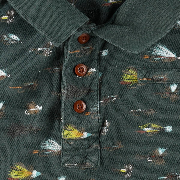 90'S Orvis all-over print short-sleeved polo shirt, men's size L equivalent, vintage. cotton green type Vintage Second Hand