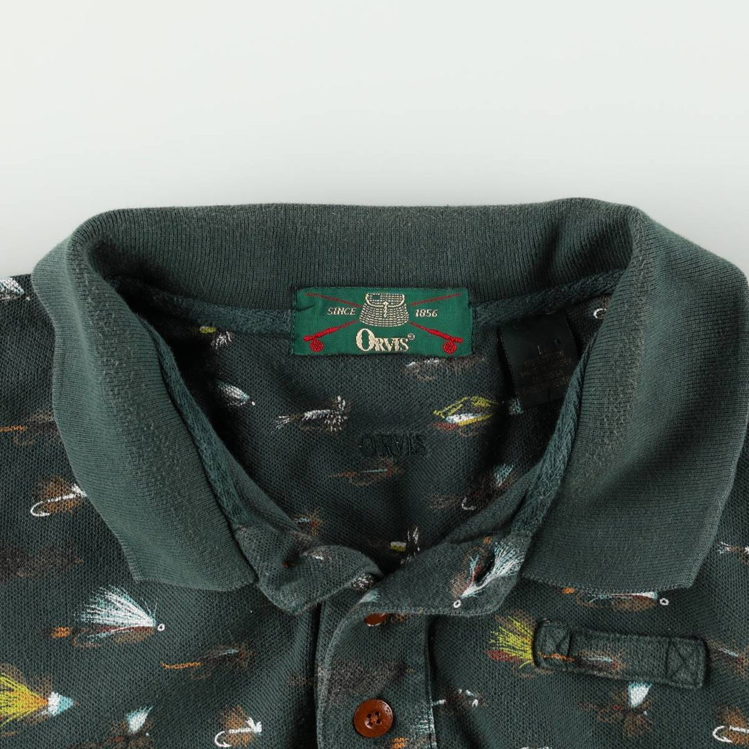 90'S Orvis all-over print short-sleeved polo shirt, men's size L equivalent, vintage. cotton green type Vintage Second Hand
