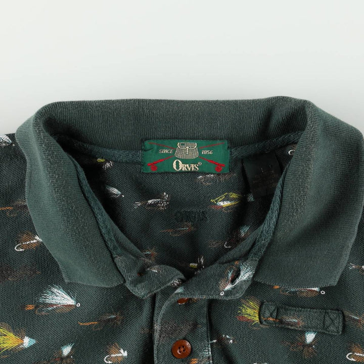 90'S Orvis all-over print short-sleeved polo shirt, men's size L equivalent, vintage. cotton green type Vintage Second Hand