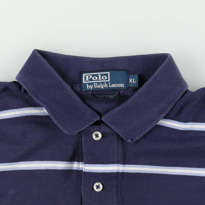 Ralph Lauren POLO by Ralph Lauren Multi-border short sleeve striped polo shirt Men's XL size Pima Cotton navy blue type Vintage Second Hand