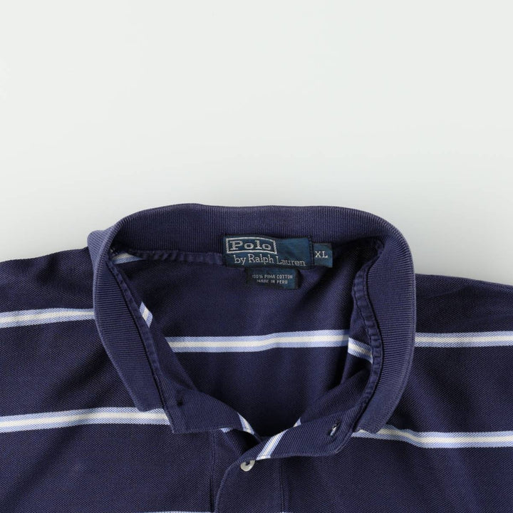 Ralph Lauren POLO by Ralph Lauren Multi-border short sleeve striped polo shirt Men's XL size Pima Cotton navy blue type Vintage Second Hand