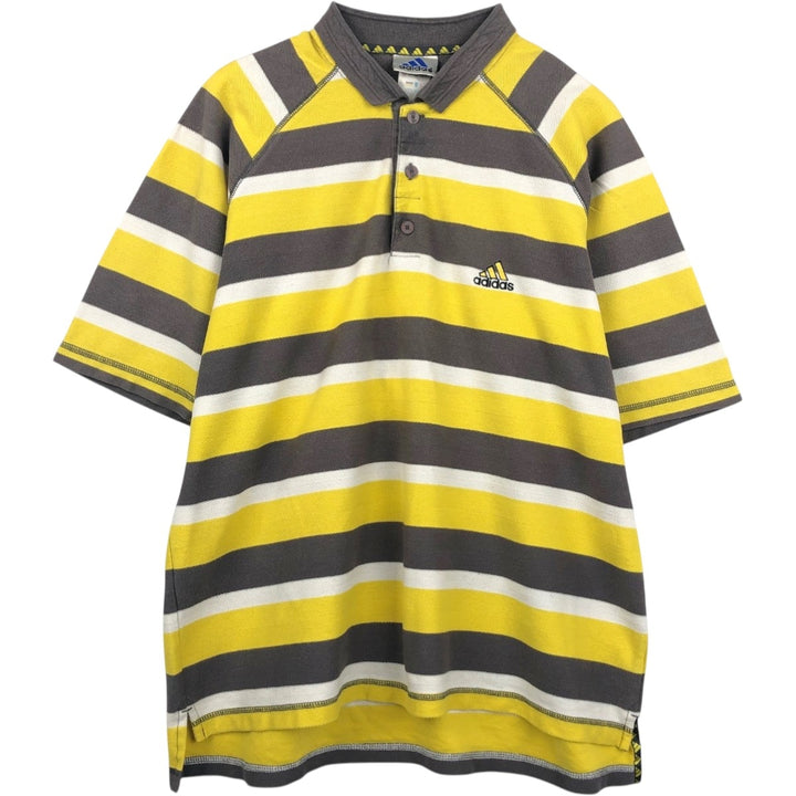 90s-00'S Adidas herringbone short-sleeved striped polo shirt, men's size L (approx.) cotton lemon yellow Vintage Second Hand