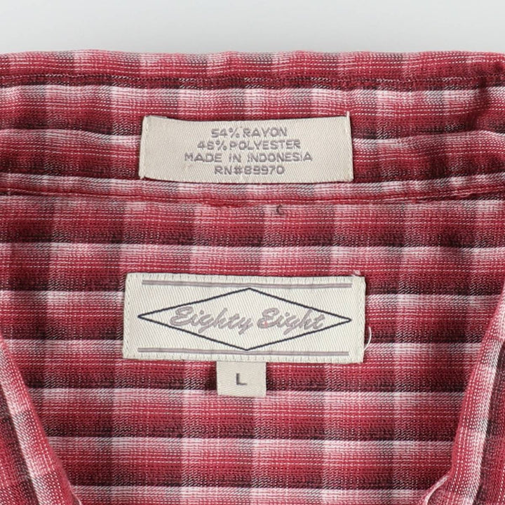 Eighty Eight Check Pattern Short-Sleeve Open Collar Rayon Shirt Box Shirt Men's Size L Rayon red type Vintage Second Hand