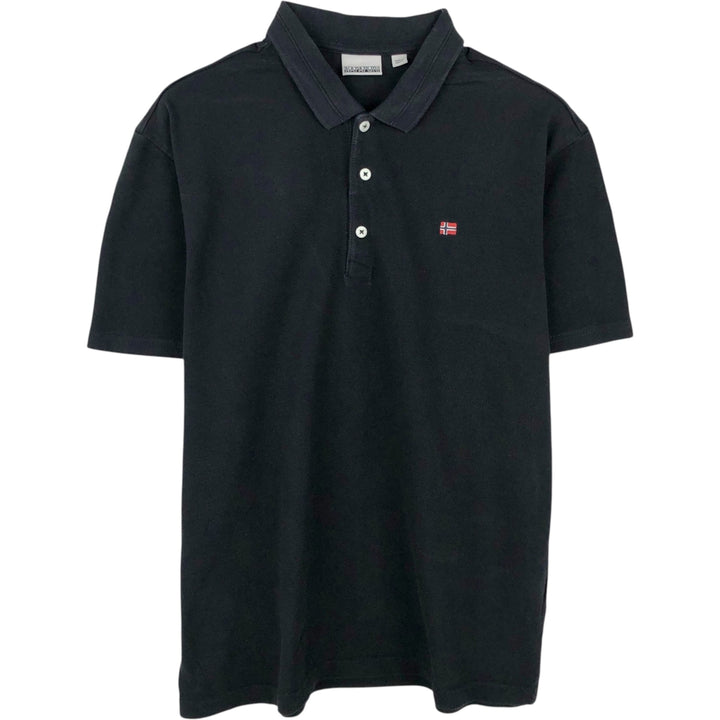 Napapijri flag pattern short-sleeved polo shirt, men's size L (approx.) cotton black type Vintage Second Hand