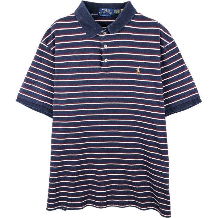 Ralph Lauren POLO RALPH LAUREN CLASSIC FIT multi-border short sleeve polo shirt, men's size XL cotton navy blue type Vintage Second Hand