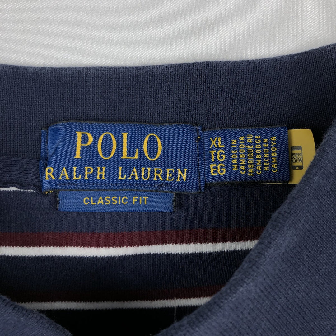 Ralph Lauren POLO RALPH LAUREN CLASSIC FIT multi-border short sleeve polo shirt, men's size XL cotton navy blue type Vintage Second Hand
