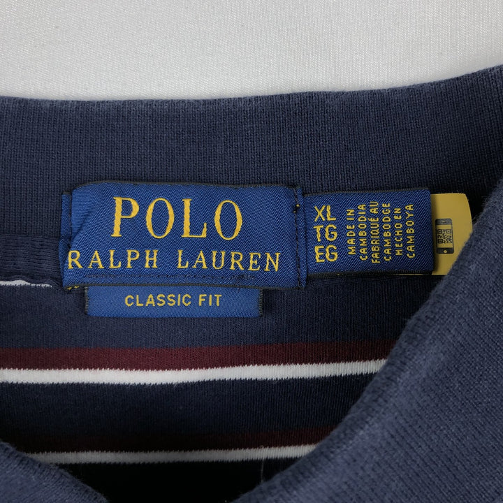 Ralph Lauren POLO RALPH LAUREN CLASSIC FIT multi-border short sleeve polo shirt, men's size XL cotton navy blue type Vintage Second Hand
