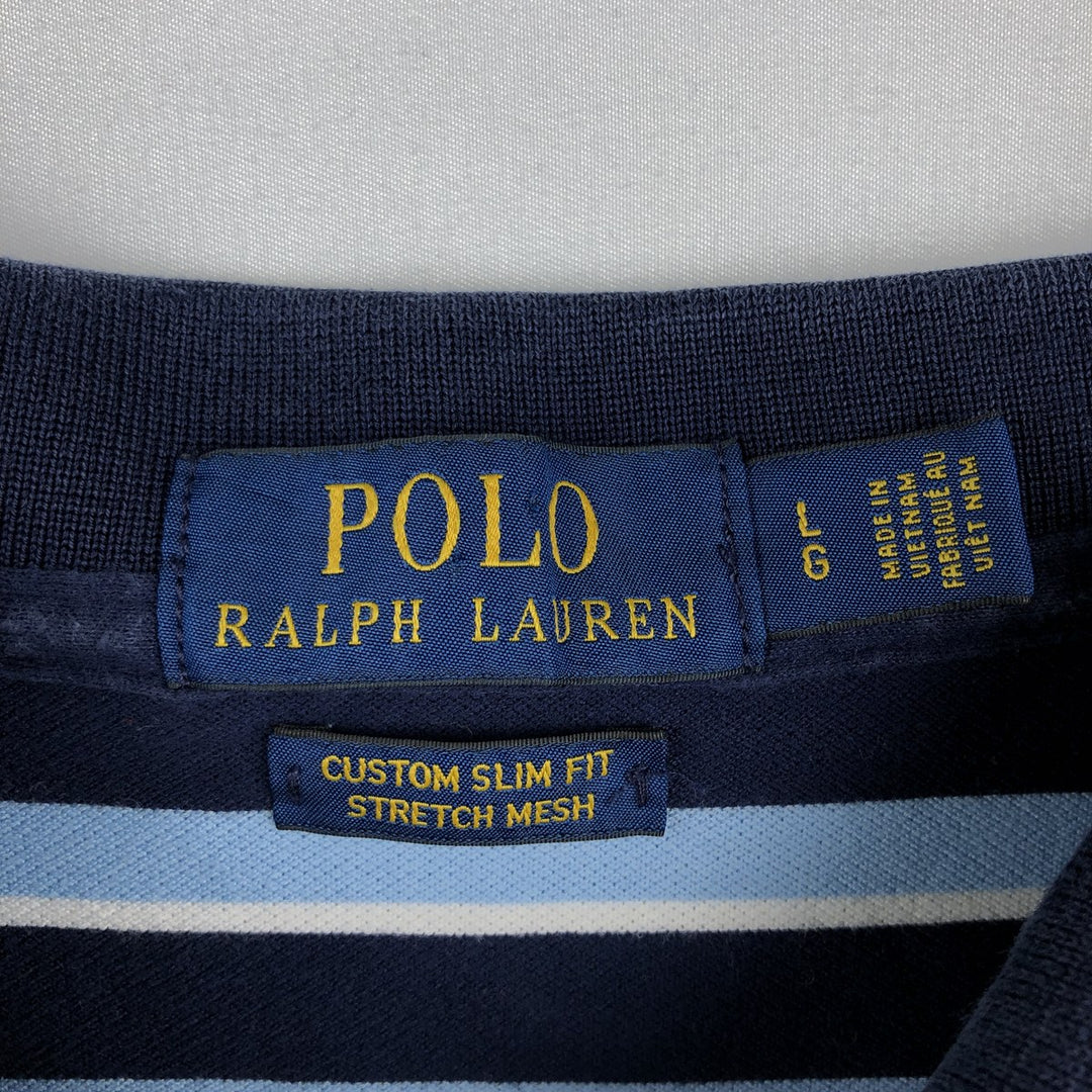 Ralph Lauren POLO RALPH LAUREN CUSTOM SLIM FIT Multi-stripe Short-Sleeve Polo Shirt (Men's Size L equivalent) cotton navy blue type Vintage Second Hand