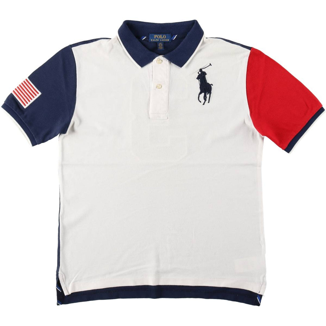 Ralph Lauren POLO RALPH LAUREN American flag pattern Big Pony short-sleeved polo shirt, men's size L (approx.) cotton white type Vintage Second Hand