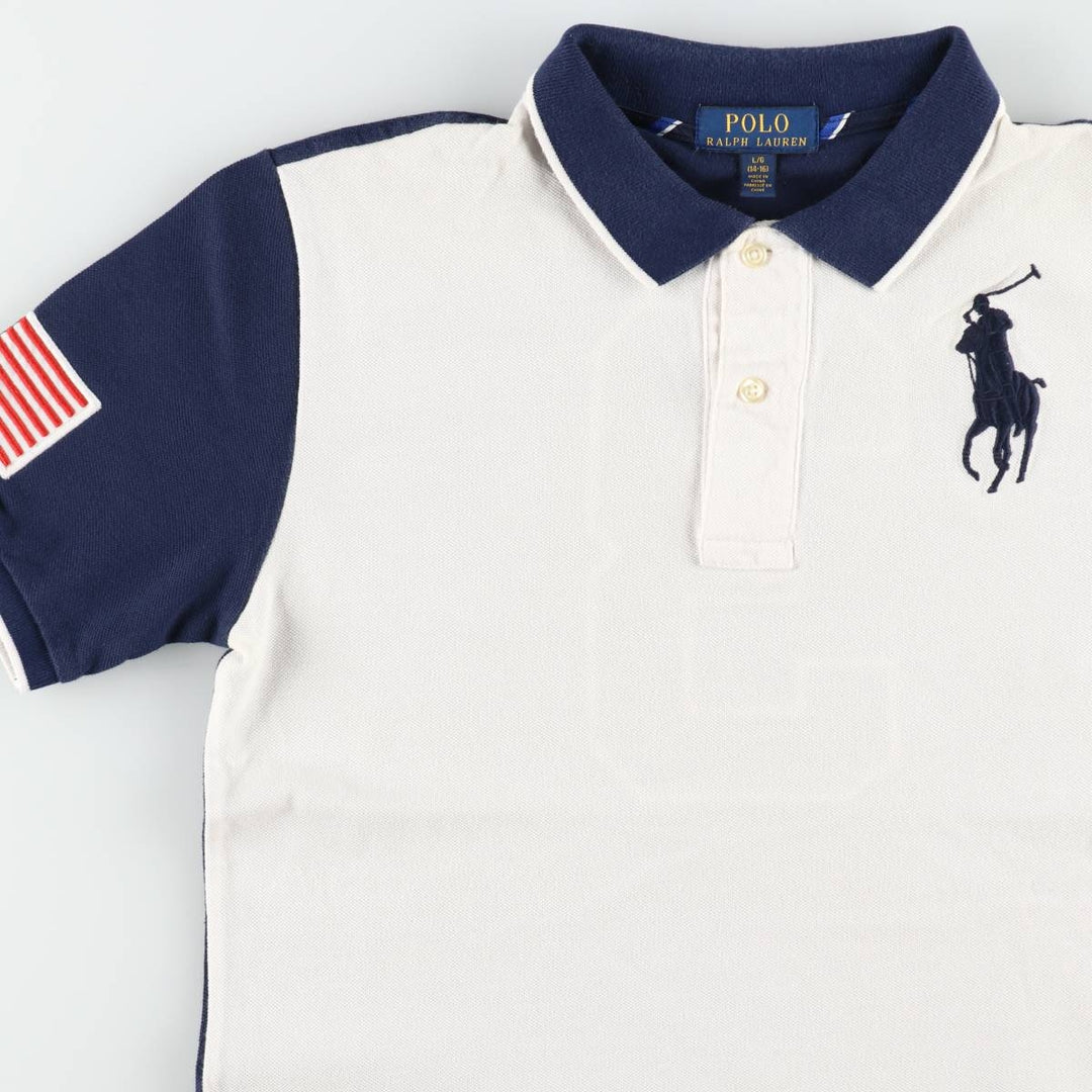 Ralph Lauren POLO RALPH LAUREN American flag pattern Big Pony short-sleeved polo shirt, men's size L (approx.) cotton white type Vintage Second Hand