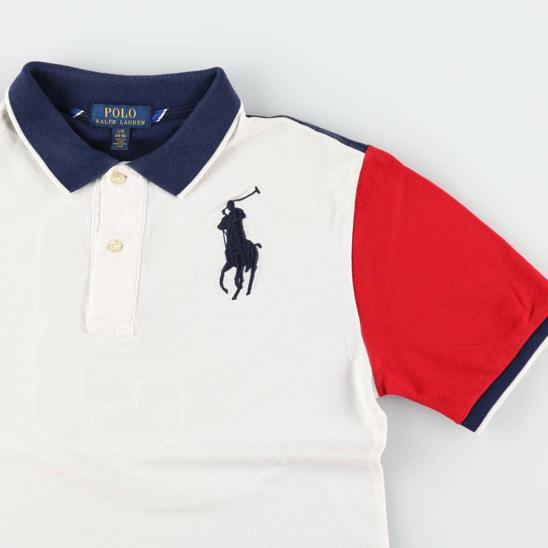 Ralph Lauren POLO RALPH LAUREN American flag pattern Big Pony short-sleeved polo shirt, men's size L (approx.) cotton white type Vintage Second Hand