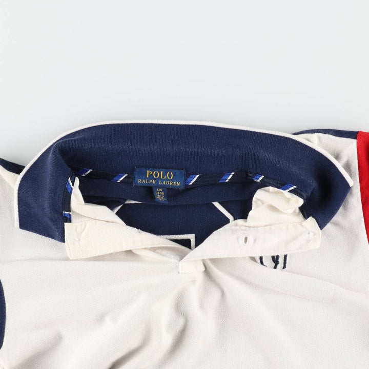 Ralph Lauren POLO RALPH LAUREN American flag pattern Big Pony short-sleeved polo shirt, men's size L (approx.) cotton white type Vintage Second Hand