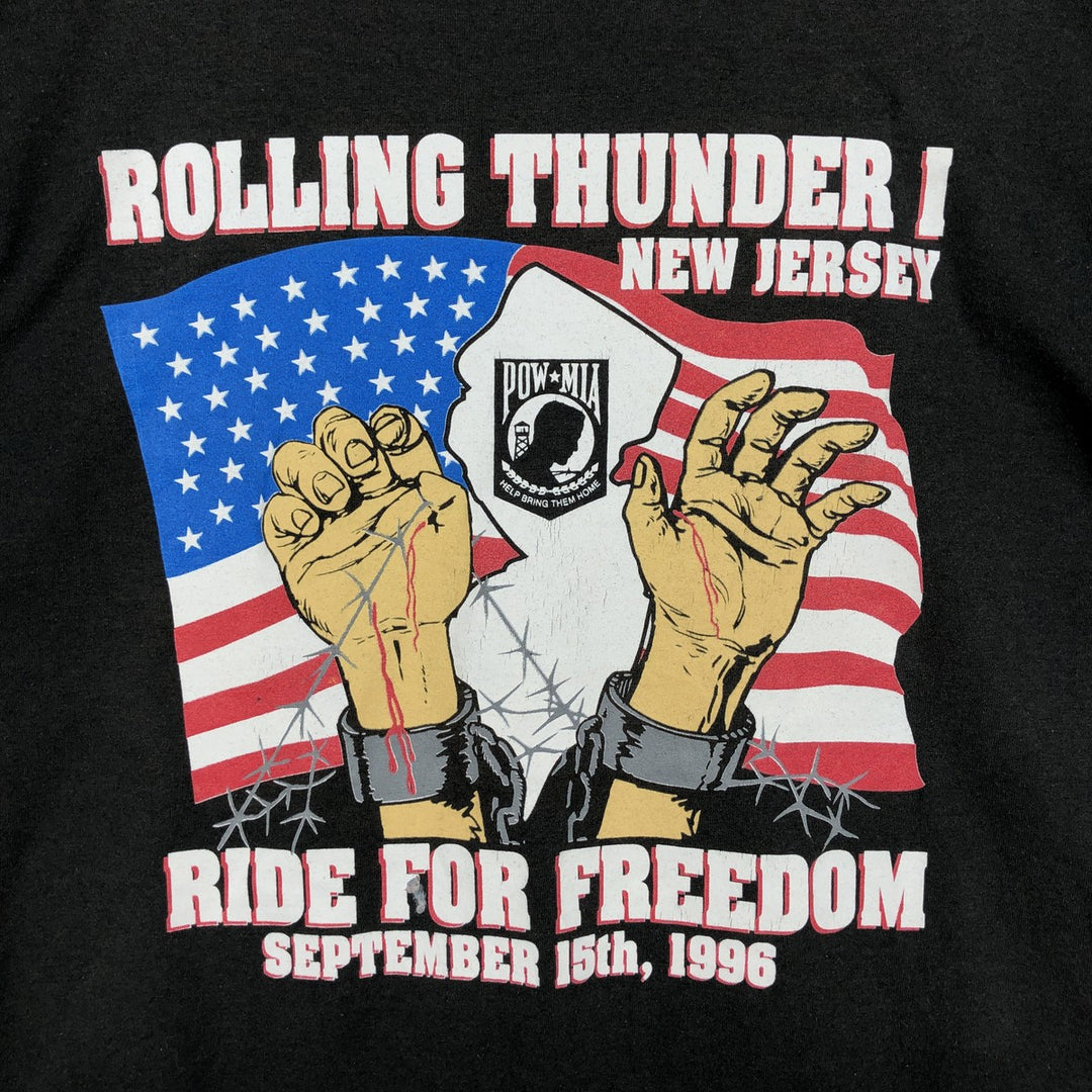 90'S Fruit of the Loom POW MIA American flag print T-shirt, Made in USA, Men's size L equivalent, Vintage cotton black type Vintage Second Hand