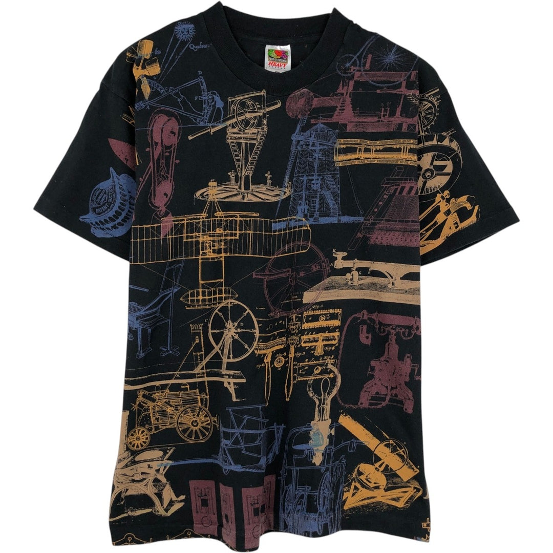 90s-00'S Fruit of the Loom all-over print T-shirt, men's size L (approx.) cotton black type Vintage Second Hand