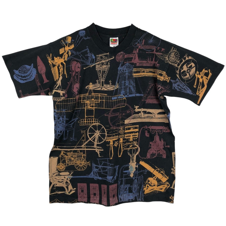90s-00'S Fruit of the Loom all-over print T-shirt, men's size L (approx.) cotton black type Vintage Second Hand