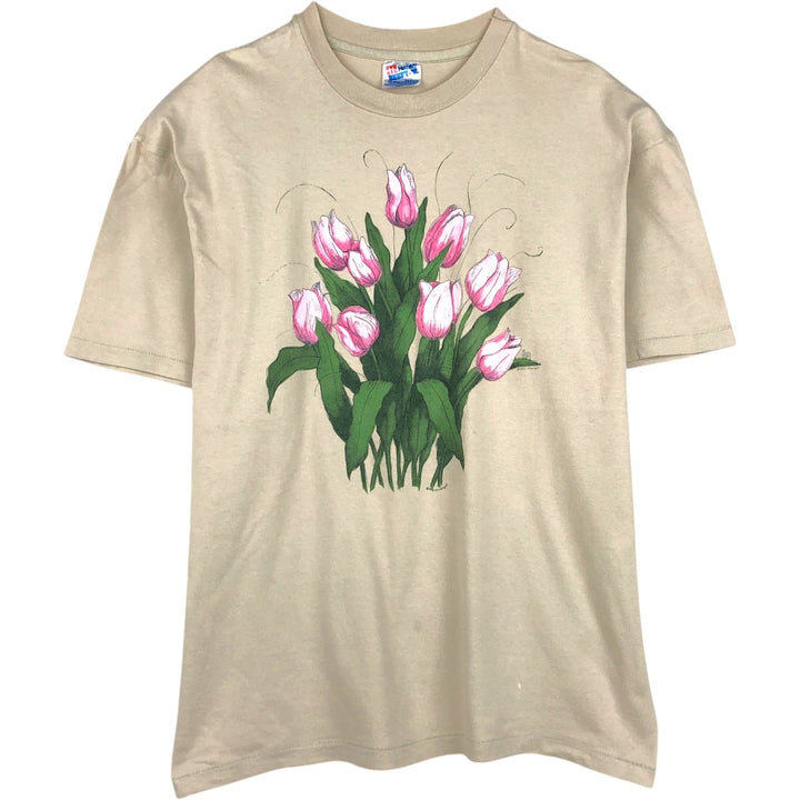 90'S Hanes BEEFY-T Floral Print T-Shirt Made in USA Men's XL Vintage cotton Beige type Vintage Second Hand