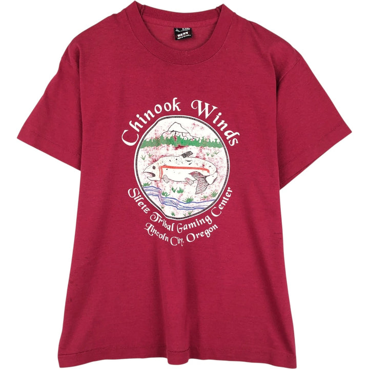 90'S Fruit of the Loom fish print t-shirt, made in USA, men's size L equivalent, vintage. cotton wine-red Vintage Second Hand