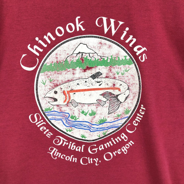 90'S Fruit of the Loom fish print t-shirt, made in USA, men's size L equivalent, vintage. cotton wine-red Vintage Second Hand
