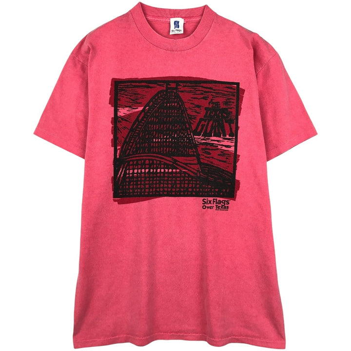 90'S SIX FLAGS Print T-Shirt, Men's Size L (Equivalent), Vintage unclear pink type Vintage Second Hand
