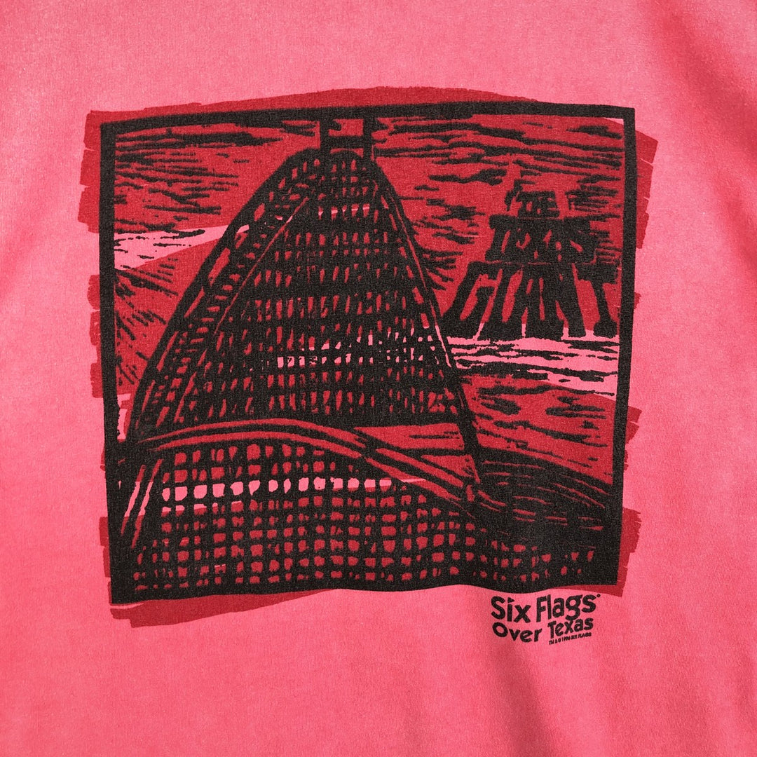 90'S SIX FLAGS Print T-Shirt, Men's Size L (Equivalent), Vintage unclear pink type Vintage Second Hand