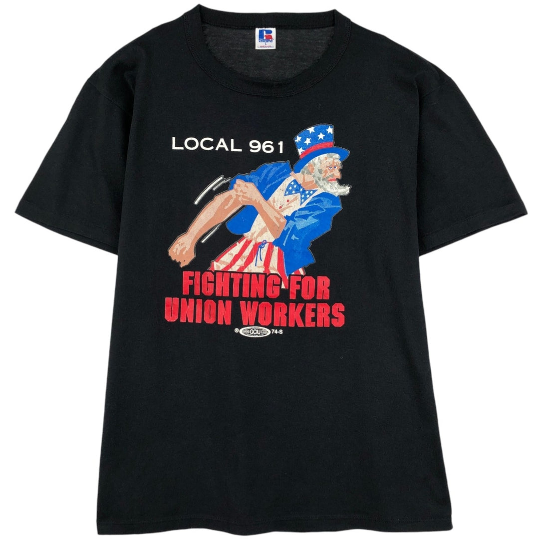 90'S Russell UAW (United Auto Workers) Print T-Shirt, Made in USA, Men's Size L (approx.), Vintage polyester black type Vintage Second Hand