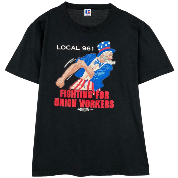 90'S Russell UAW (United Auto Workers) Print T-Shirt, Made in USA, Men's Size L (approx.), Vintage polyester black type Vintage Second Hand