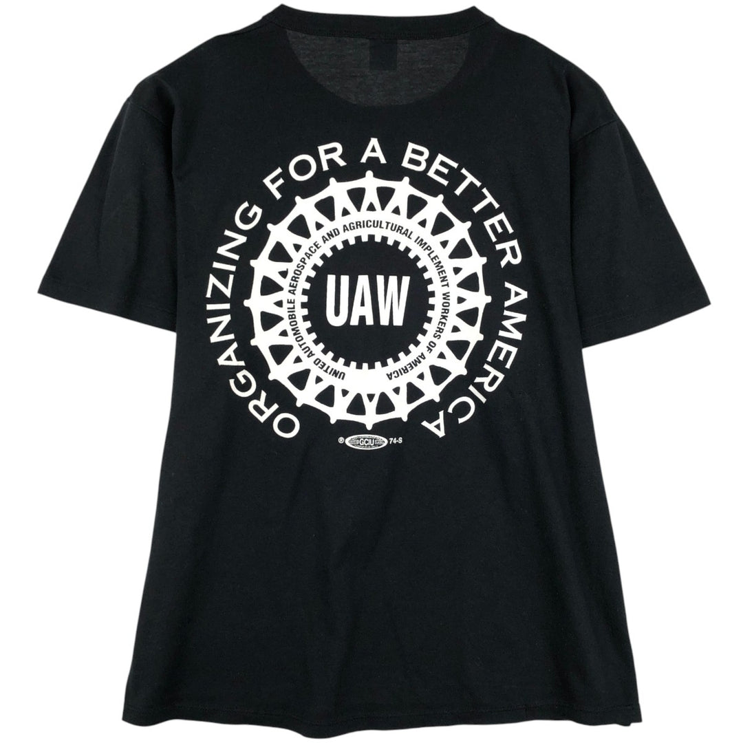 90'S Russell UAW (United Auto Workers) Print T-Shirt, Made in USA, Men's Size L (approx.), Vintage polyester black type Vintage Second Hand
