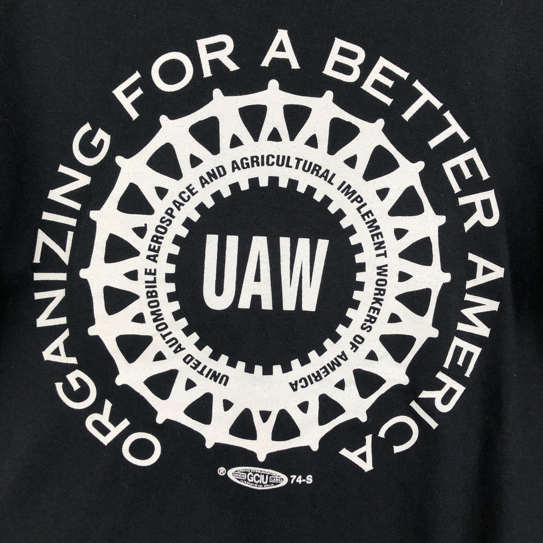 90'S Russell UAW (United Auto Workers) Print T-Shirt, Made in USA, Men's Size L (approx.), Vintage polyester black type Vintage Second Hand