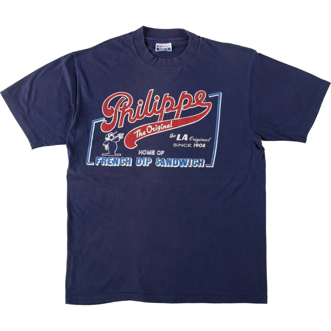 80'S Hanes BEEFY-T Blue Tag Philippe The Original Print T-Shirt, Made in USA, Men's Size L (approx.) cotton navy blue type Vintage Second Hand