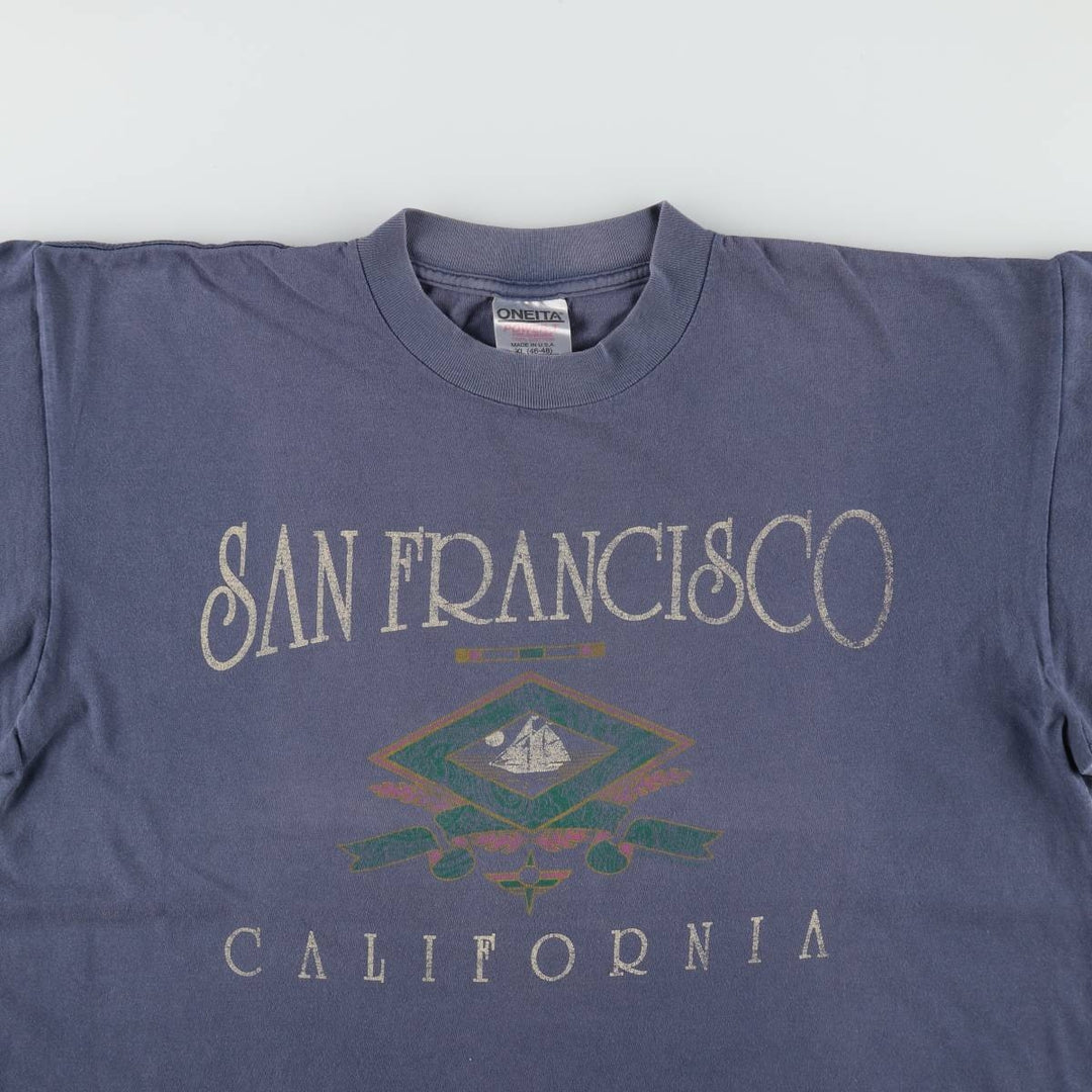 90'S ONEITA Printed T-shirt Made in USA Men's XL Vintage cotton navy blue type Vintage Second Hand