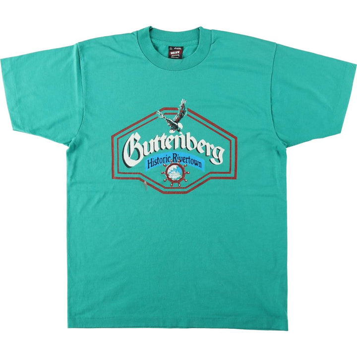 90'S Fruit of the Loom Best Printed T-shirt, Made in USA, Men's L size, Vintage cotton Emerald green Vintage Second Hand
