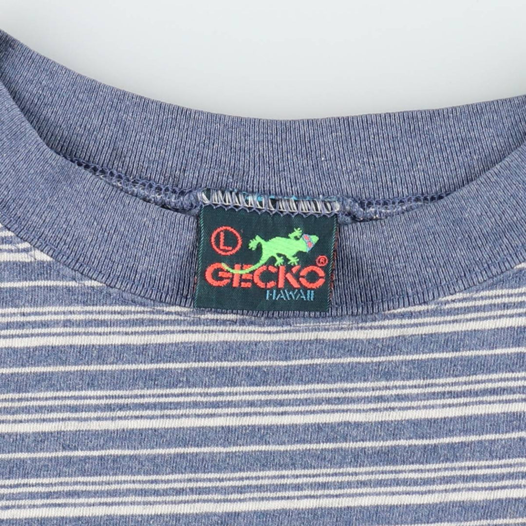 ~90'S GECKO HAWAII Border Pattern Print T-Shirt, Made in USA, Men's Size L (Equivalent), Vintage cotton blue type Vintage Second Hand