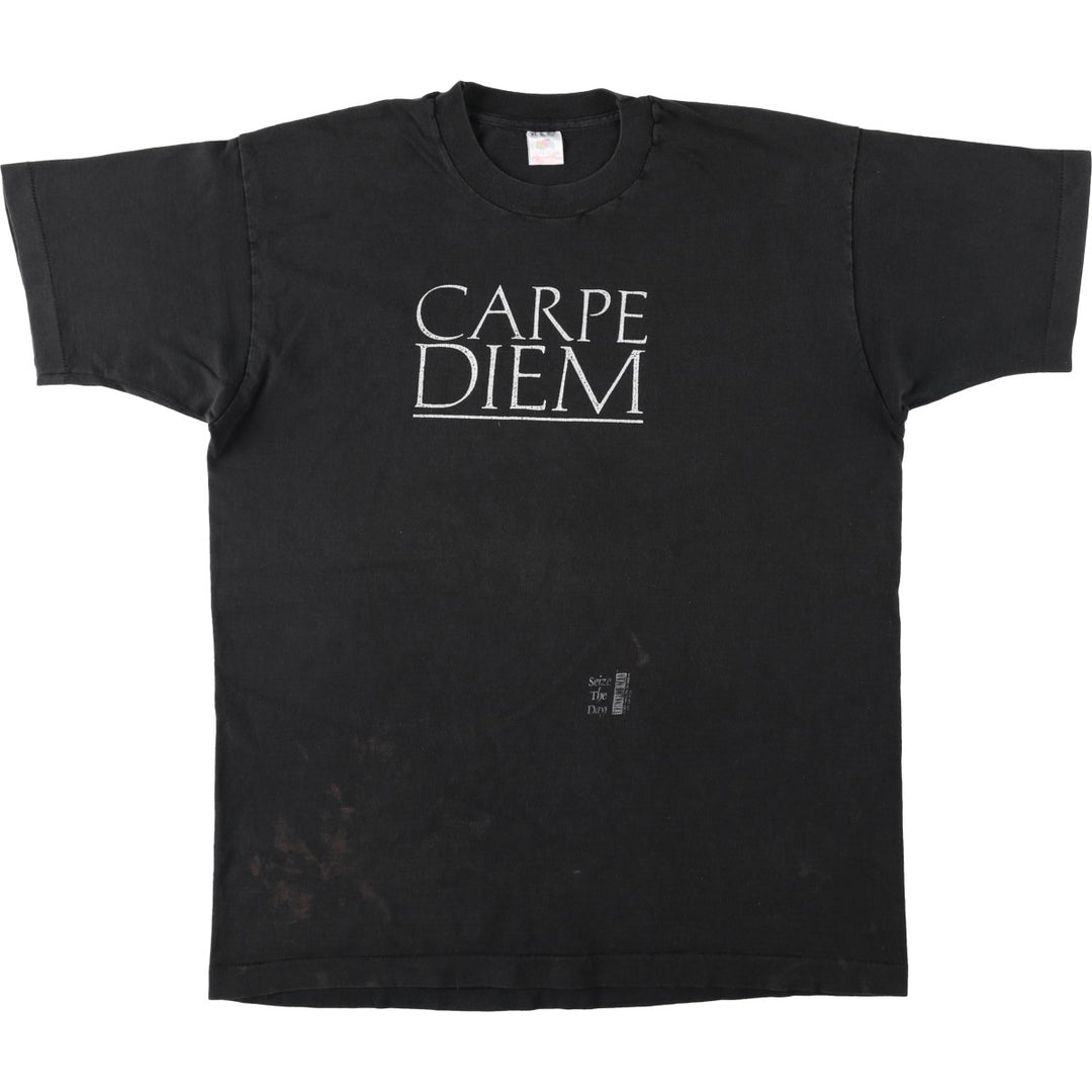 90'S Fruit of the Loom Carpe Diem Print T-Shirt, Made in USA, Men's XL equivalent, Vintage cotton black type Vintage Second Hand