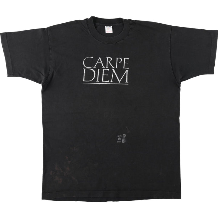 90'S Fruit of the Loom Carpe Diem Print T-Shirt, Made in USA, Men's XL equivalent, Vintage cotton black type Vintage Second Hand